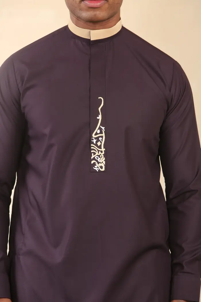ED-200 - Men's Purple Nehru Round Collar Embroidery Thobe - Image 5