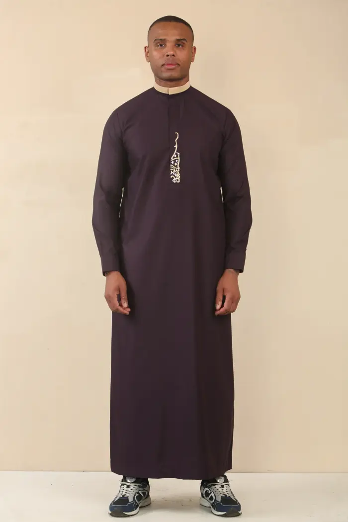 ED-200 - Men's Purple Nehru Round Collar Embroidery Thobe - Image 4