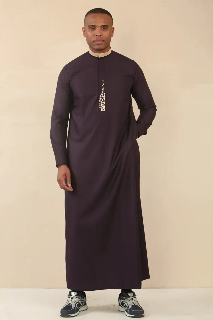 ED-200 - Men's Purple Nehru Round Collar Embroidery Thobe - Image 6