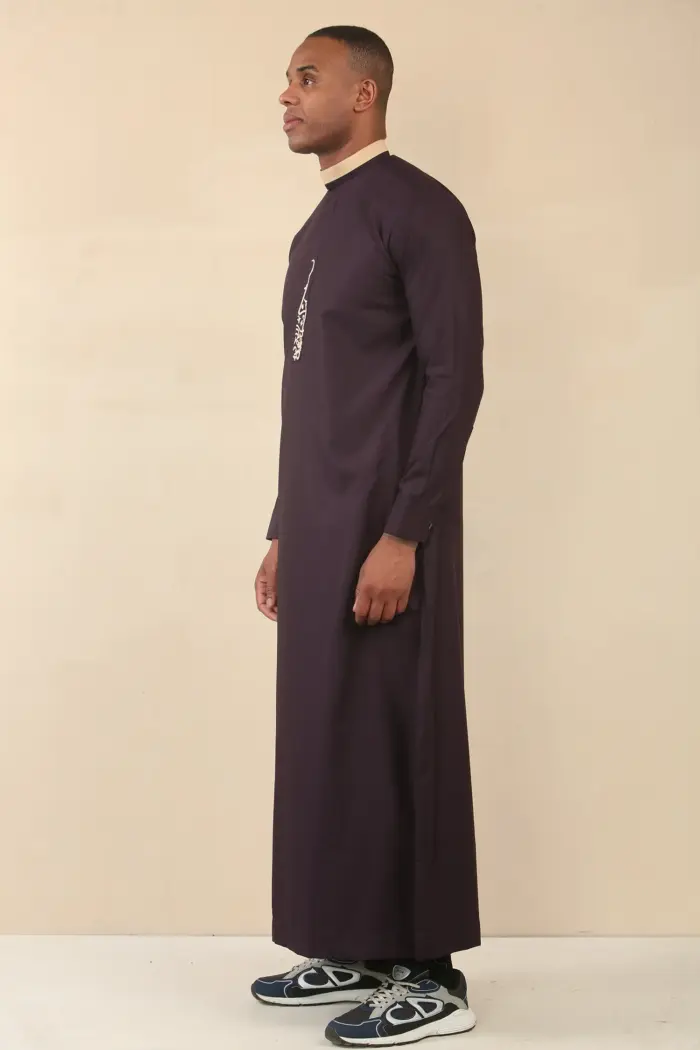 ED-200 - Men's Purple Nehru Round Collar Embroidery Thobe - Image 8