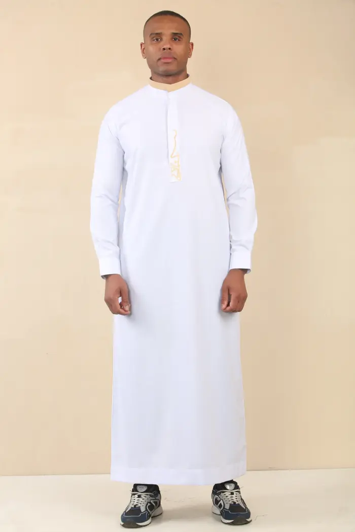 ED-200 - Men's White Nehru Round Collar Embroidery Thobe - Image 3