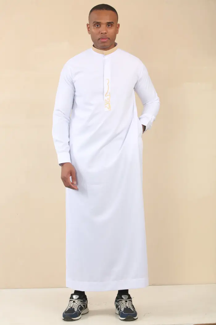 ED-200 - Men's White Nehru Round Collar Embroidery Thobe - Image 5