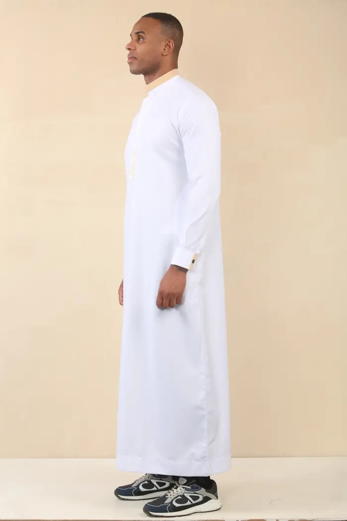 ED-200 - Men's White Nehru Round Collar Embroidery Thobe - Image 6