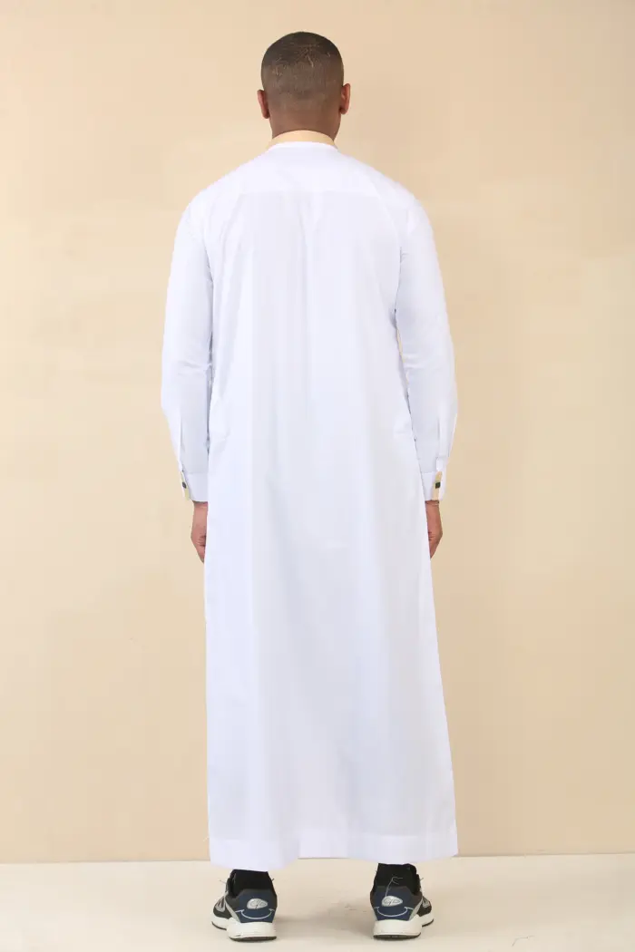 ED-200 - Men's White Nehru Round Collar Embroidery Thobe - Image 7