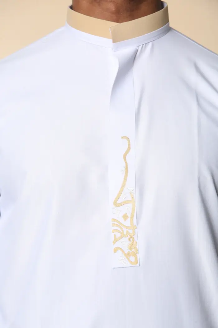 ED-200 - Men's White Nehru Round Collar Embroidery Thobe - Image 8