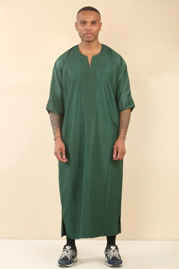 GG002 - Men's Green Moroccan Thobe Short Sleeve Gandoura - Image 2
