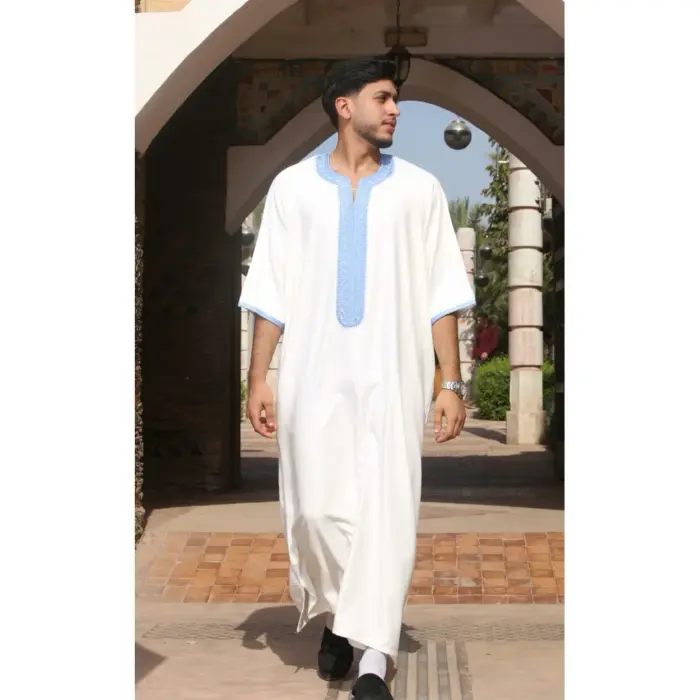 GG002 - Men's White Moroccan Thobe Short Sleeve Gandoura - Image 1