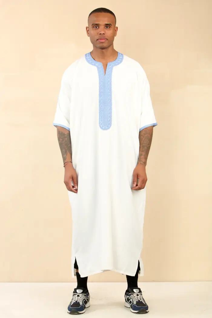 GG002 - Men's White Moroccan Thobe Short Sleeve Gandoura - Image 3