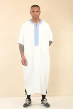 GG002 - Men's White Moroccan Thobe Short Sleeve Gandoura - Image 4