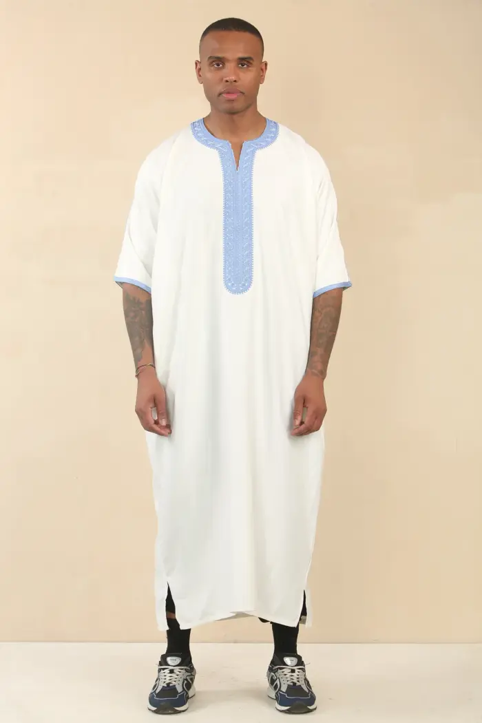 GG002 - Men's White Moroccan Thobe Short Sleeve Gandoura - Image 7
