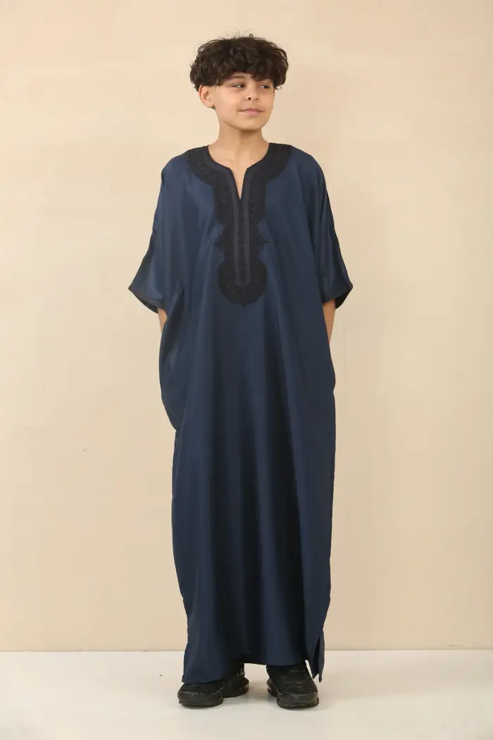 GG008 - Boys Moroccan Navy Thobe Short Sleeve Gandoura - Image 1