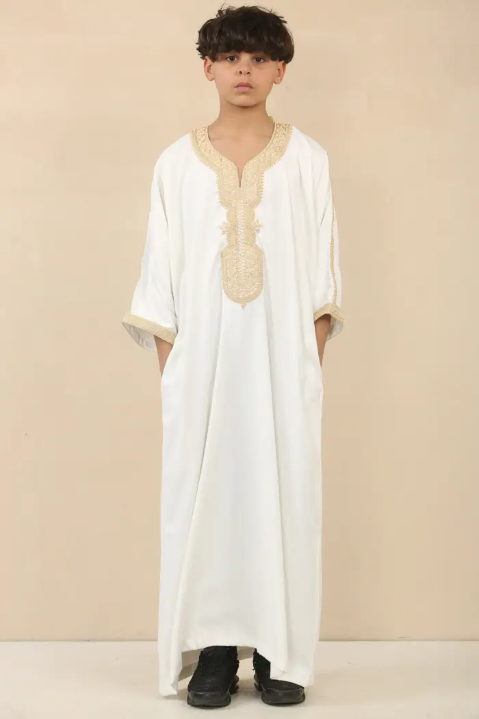 GG008 - Boys Moroccan White Thobe Short Sleeve Gandoura - Image 1
