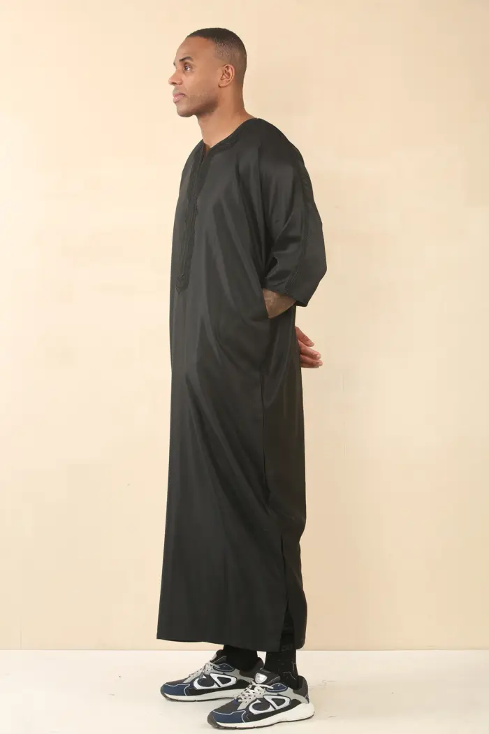 GG008 - Men's Black Moroccan Thobe Short Sleeve Gandoura - Image 4