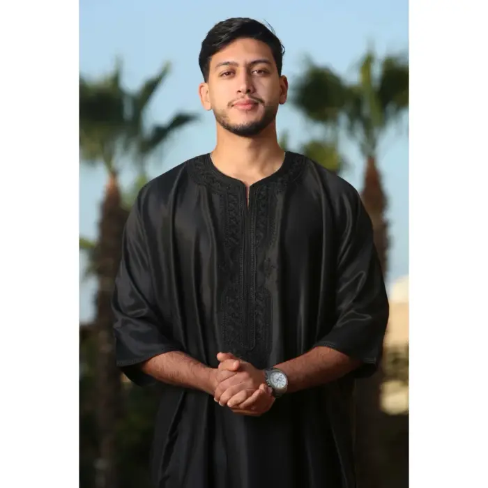 GG008 - Men's Black Moroccan Thobe Short Sleeve Gandoura - Image 2