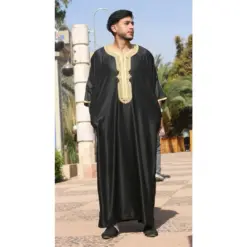 GG008 - Men's Black Moroccan Thobe Gold Embroidery