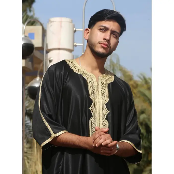 GG008 - Men's Black Moroccan Thobe Gold Embroidery - Image 2