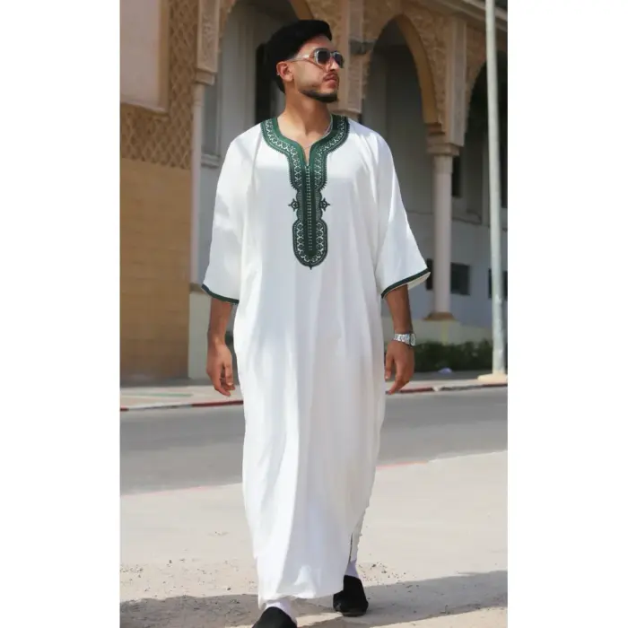 GG008 - Men's White Moroccan Thobe Short Sleeve Gandoura - Image 1