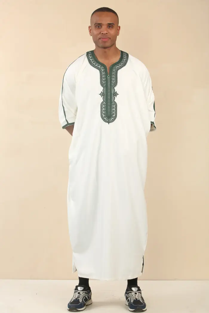 GG008 - Men's White Moroccan Thobe Short Sleeve Gandoura - Image 3