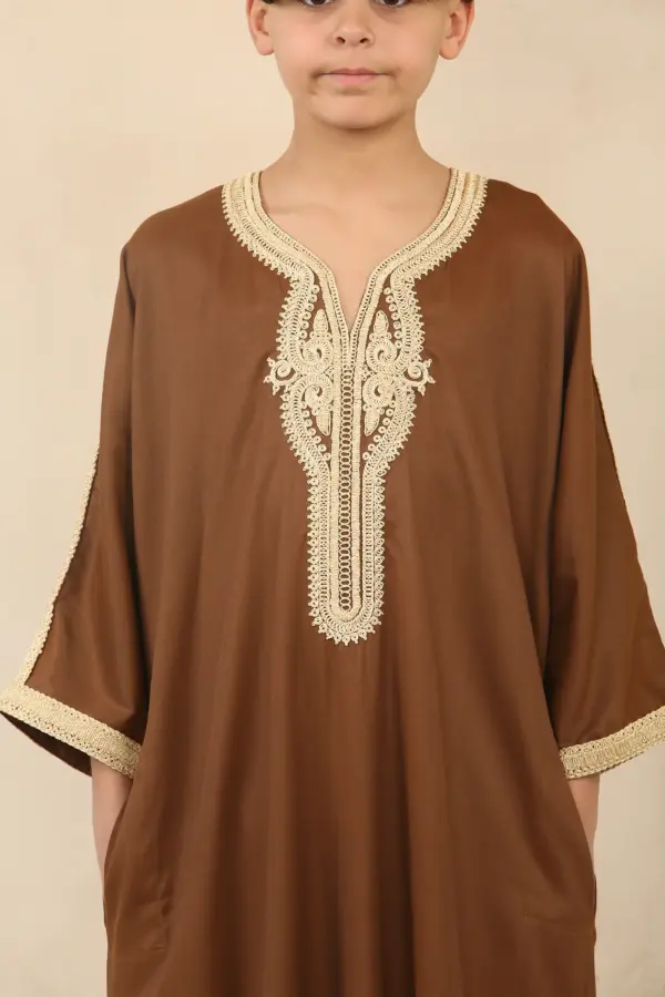 Thobez HM60 Boys Brown Moroccan Thobe Embroidery 1