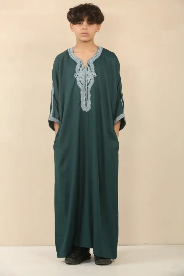 Thobez HM60 Boys Green Moroccan Thobe Embroidery 2