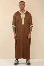 HM60 - Men's Brown Moroccan Thobe Gold Embroidery Gandoura - Image 2