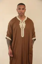 HM60 - Men's Brown Moroccan Thobe Gold Embroidery Gandoura - Image 3