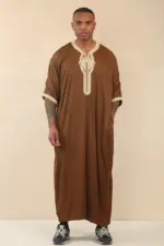 HM60 - Men's Brown Moroccan Thobe Gold Embroidery Gandoura - Image 4