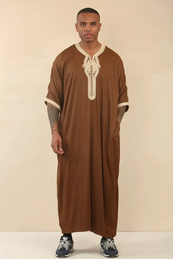 Thobez HM60 Mens Brown Moroccan Thobe Gold Embroidery 3