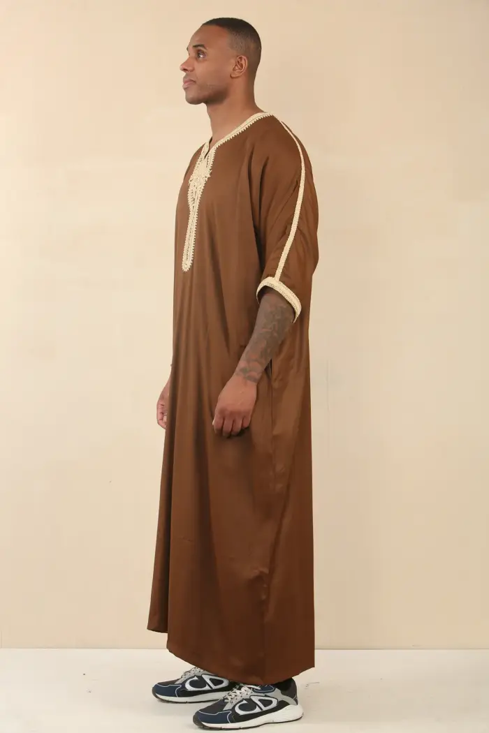 HM60 - Men's Brown Moroccan Thobe Gold Embroidery Gandoura - Image 5