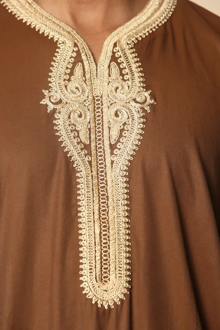 HM60 - Men's Brown Moroccan Thobe Gold Embroidery Gandoura - Image 7
