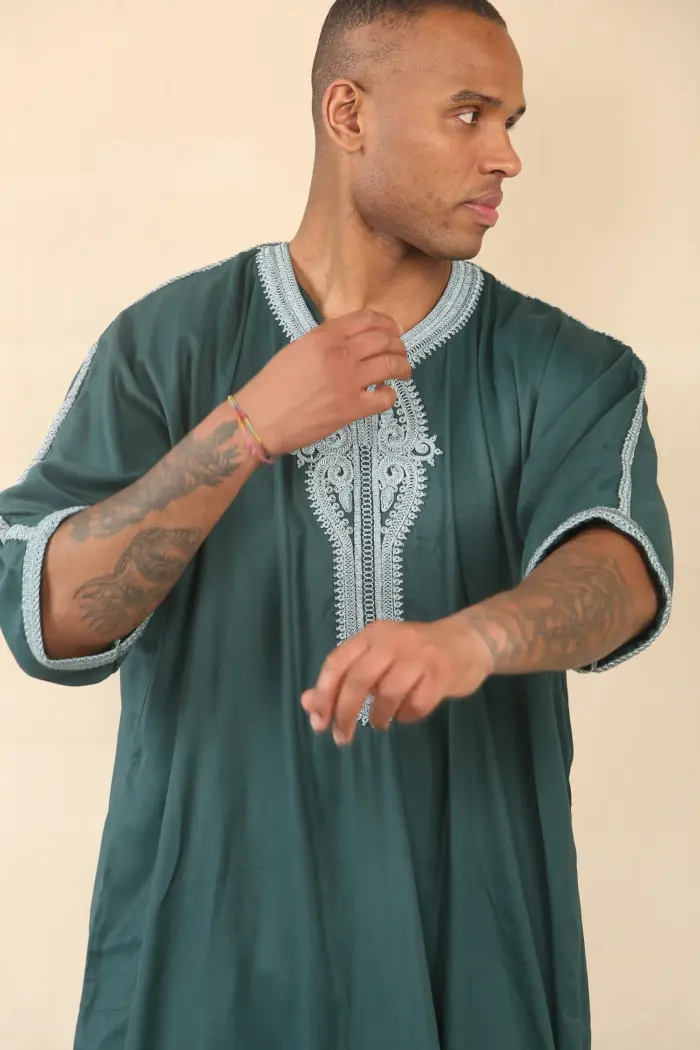 HM60 - Men's Green Moroccan Thobe Embroidery Gandoura - Image 8
