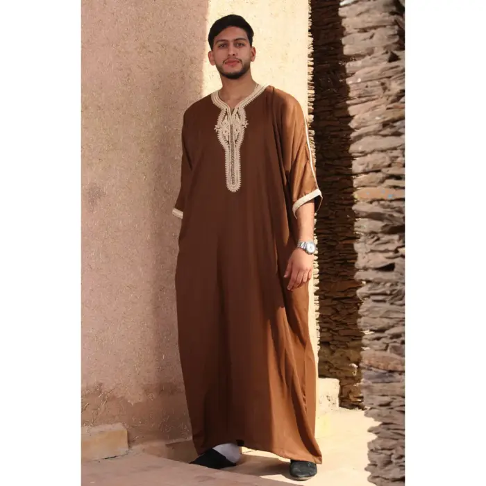HM60 - Men's Brown Moroccan Thobe Gold Embroidery Gandoura - Image 1