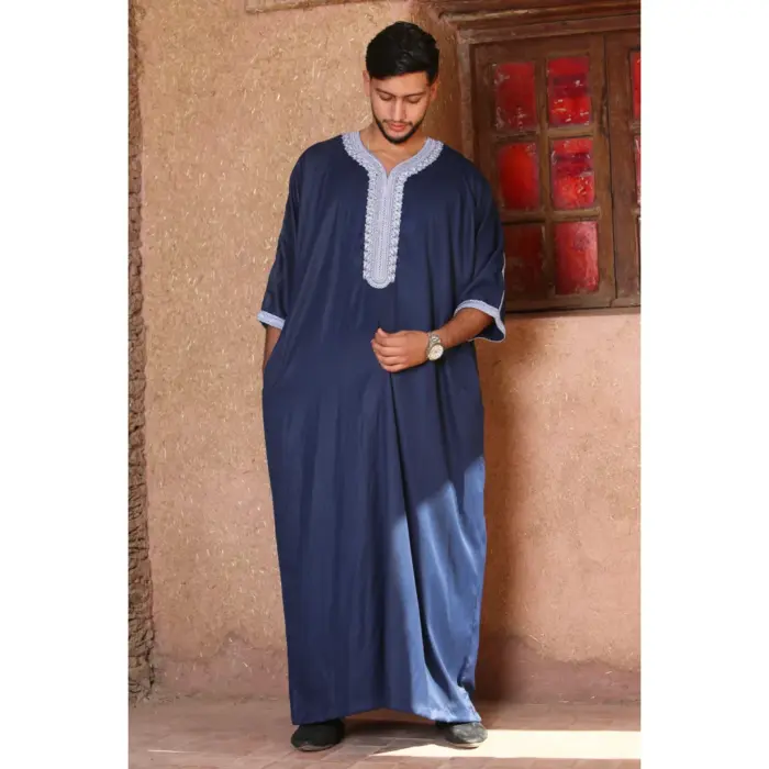 HM61 - Men's Navy Moroccan Blue Embroidery Gandoura - Image 1