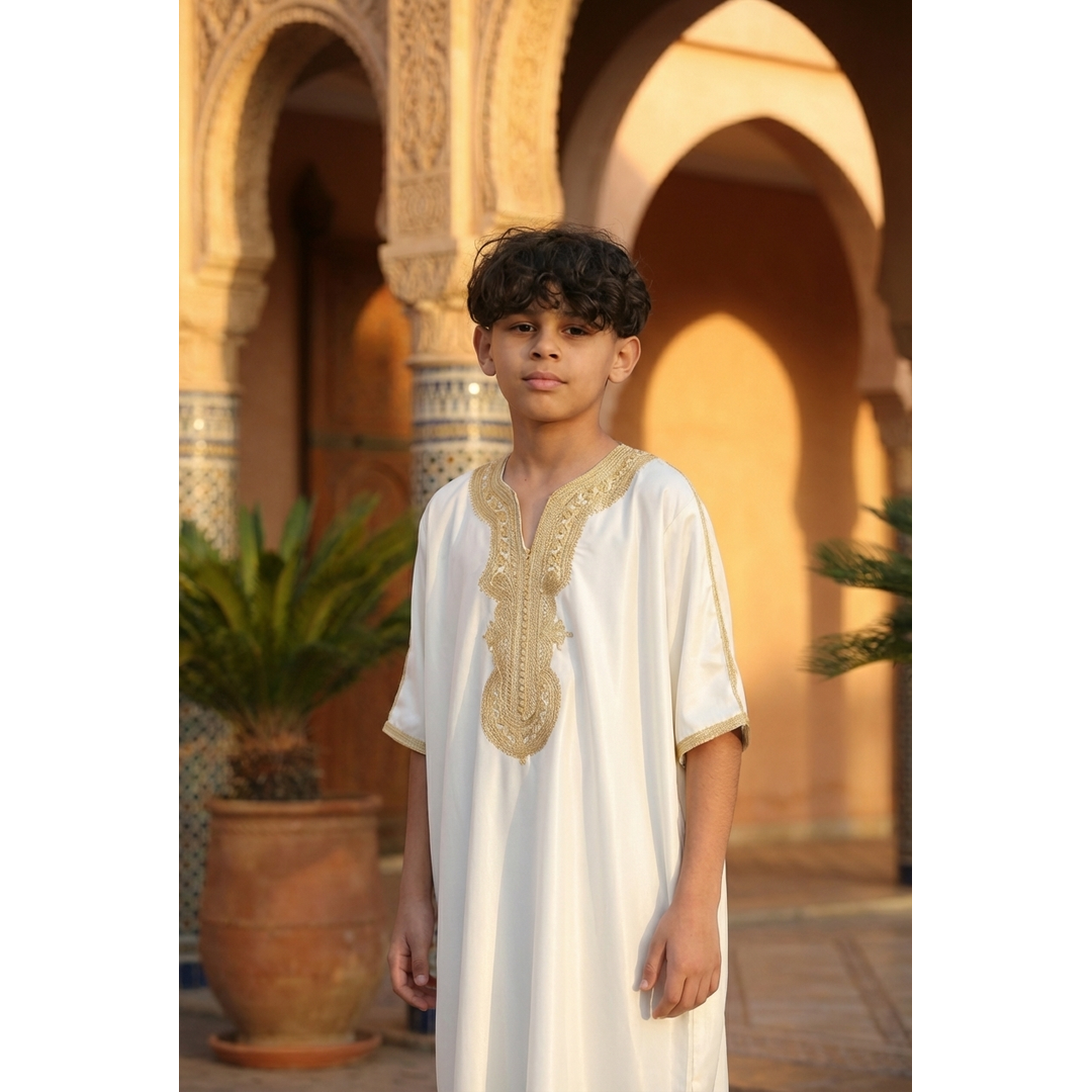 HM62 - Boys White Moroccan Thobe Short Sleeve Embroidery Gandoura - Image 2