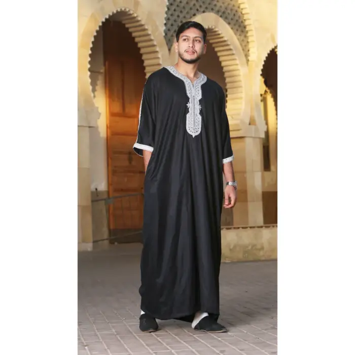 HM62 - Men's Black Moroccan Thobe Silver Embroidery Gandoura - Image 1