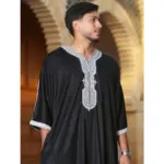 HM62 - Men's Black Moroccan Thobe Silver Embroidery Gandoura - Image 2