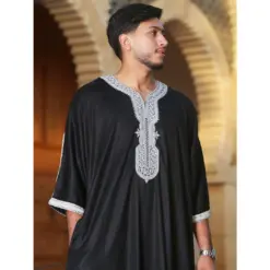 Alternative view of HM62 - Men's Black Moroccan Thobe Silver Embroidery Gandoura