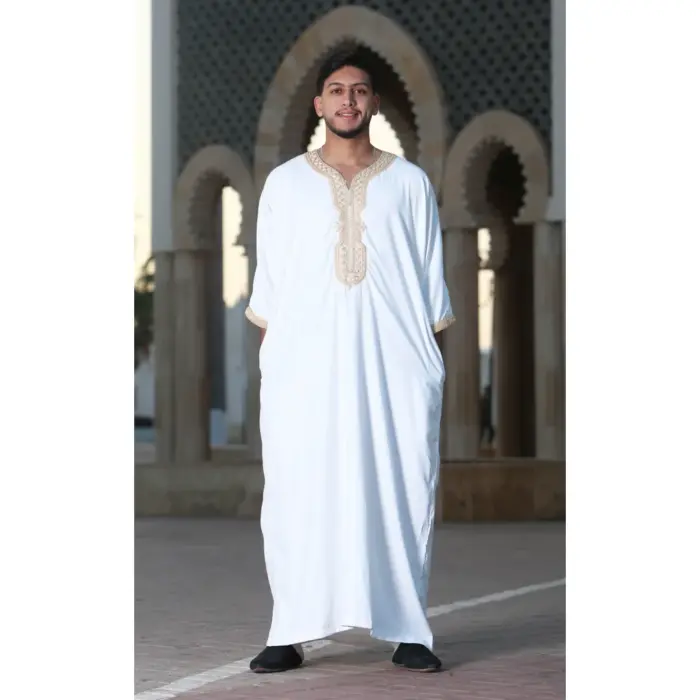 HM62 - Men's White Moroccan Thobe Gold Embroidery Gandoura - Image 1