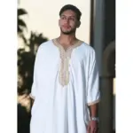 HM62 - Men's White Moroccan Thobe Gold Embroidery Gandoura - Image 2