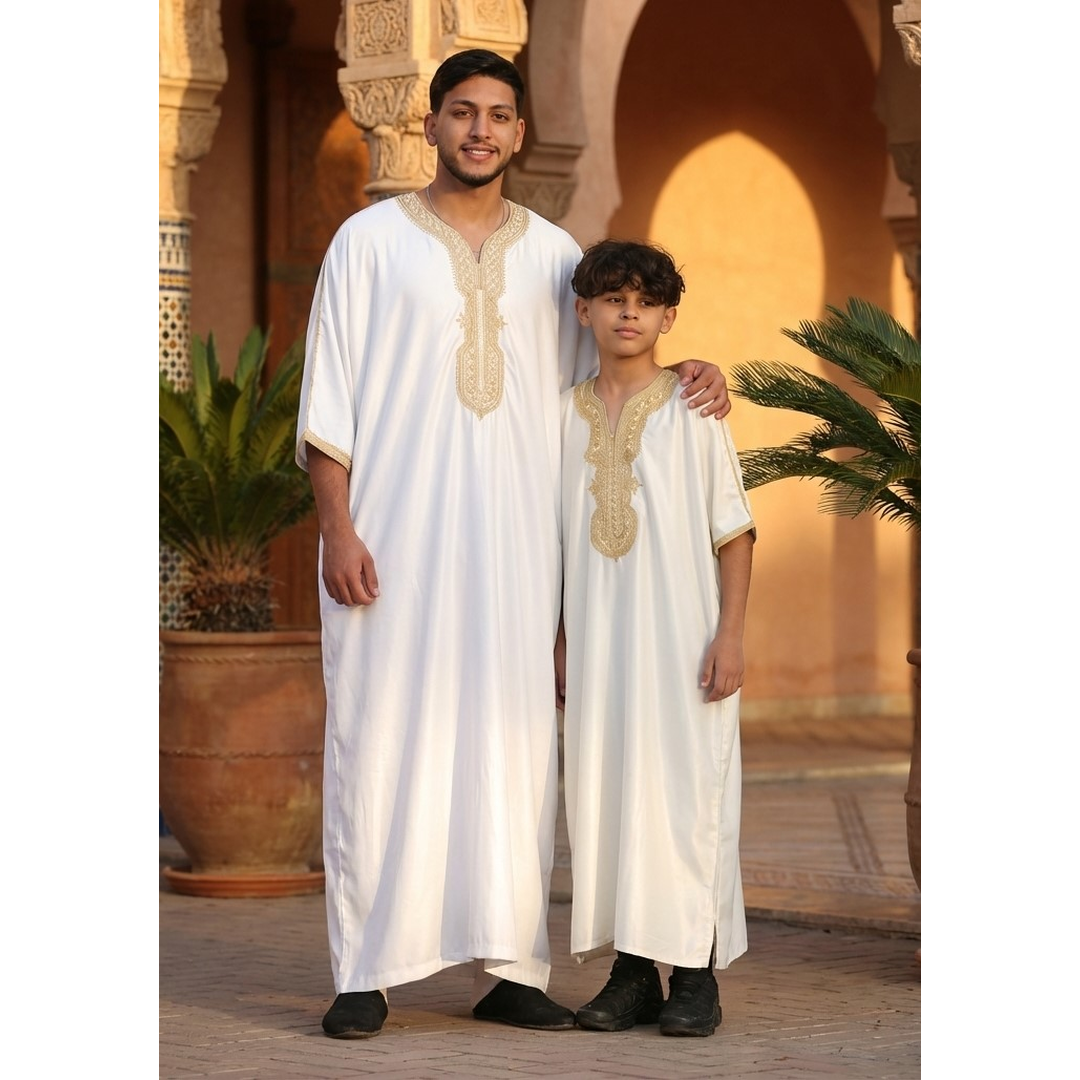 HM62 - Boys White Moroccan Thobe Short Sleeve Embroidery Gandoura - Image 3