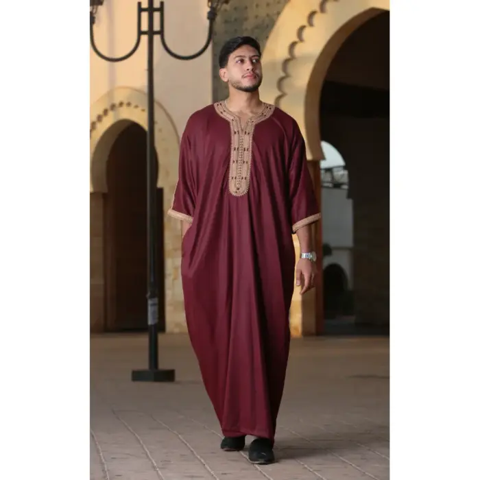 HM63 - Men's Burgundy Moroccan Thobe Gold Embroidery - Image 1
