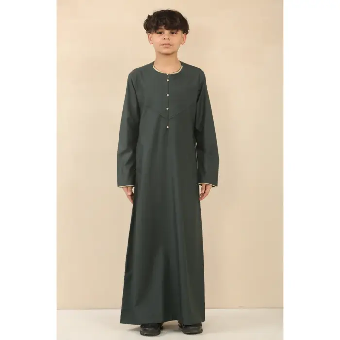 OE-300 - Boy's Green Emirati Omani Thobe Gold Embroidery - Image 1