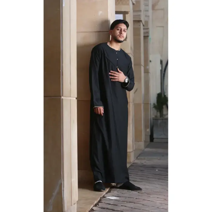 OE-300 - Men's Black Emirati Omani Thobe Gold Embroidery - Image 1