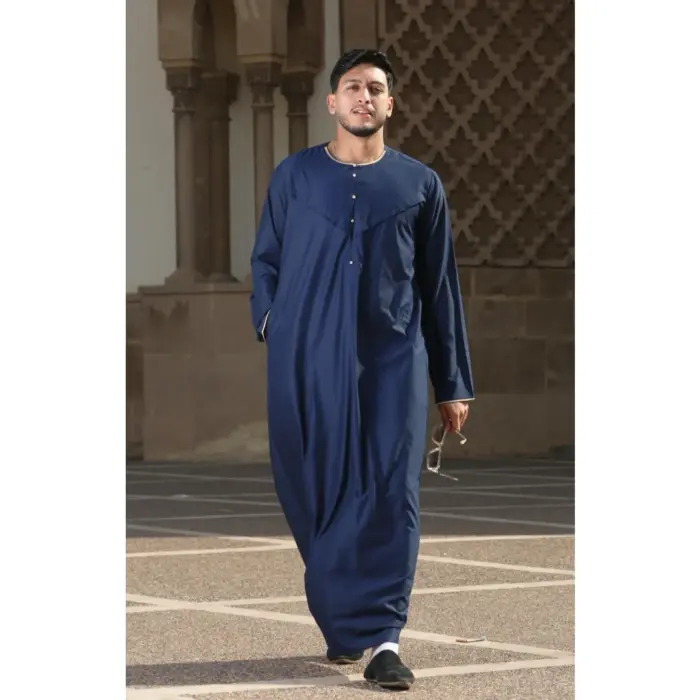 OE-300 - Men's Navy Emirati Omani Thobe Gold Embroidery - Image 1