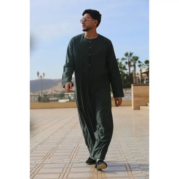 OE-300 - Men's Green Emirati Omani Thobe Gold Embroidery - Image 1