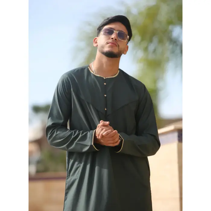 OE-300 - Men's Green Emirati Omani Thobe Gold Embroidery - Image 2