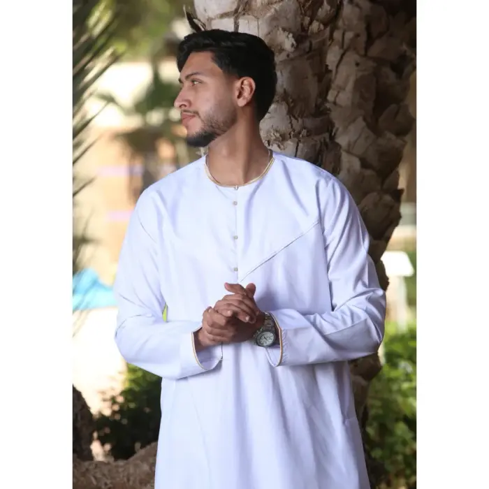 OE-300 - Men's White Emirati Omani Thobe Gold Embroidery - Image 2