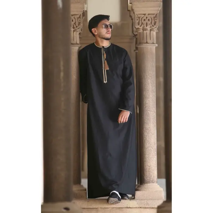 TT-003 - Men's Black Emirati Thobe Gold Tassel Embroidery - Image 1