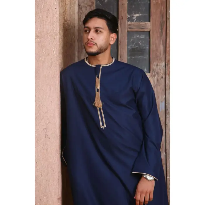 TT-003 - Men's Navy Emirati Thobe Gold Tassel Embroidery - Image 2