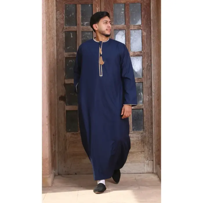 TT-003 - Men's Navy Emirati Thobe Gold Tassel Embroidery - Image 1